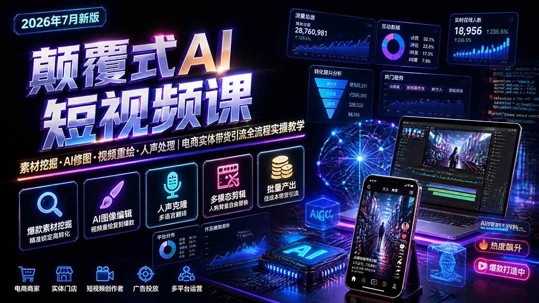 （19630期）颠覆式AI短视频课｜素材挖掘，AI修图，视频重绘，人声处理｜电商实体带货引流全流程实操教学-驿想项目网