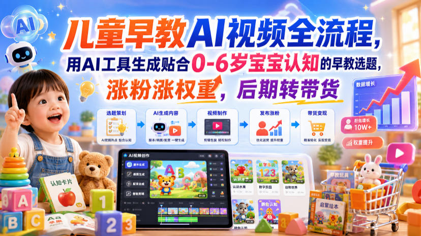 儿童早教AI视频全流程，用AI工具生成贴合0-6岁宝宝认知的早教选题，涨粉涨权重，后期转带货-驿想项目网