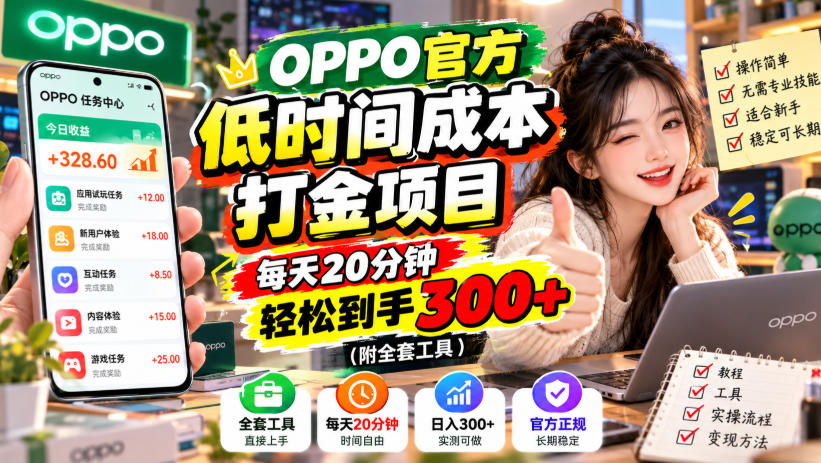 OPPO官方低时间成本打金项目，每天20分钟，轻松到手300+（附全套工具）【揭秘】-驿想项目网