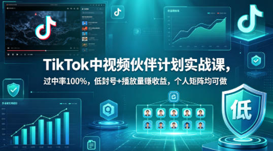 TikTok中视频伙伴计划实战课，过中率100%，低封号+播放量賺收益，个人矩阵均可做-驿想项目网