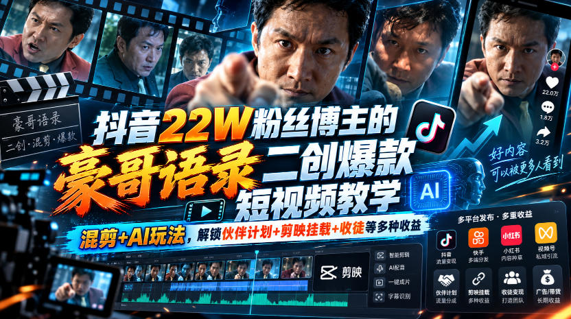 抖音22W粉丝博主的豪哥语录二创爆款短视频教学，混剪+AI玩法，解锁伙伴计划+剪映挂载+收徒等多种收益-驿想项目网