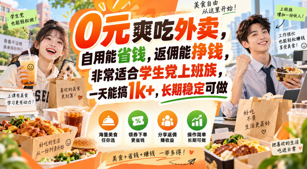 0元爽吃外卖,自用能省钱,返佣能挣钱,非常适合学生党上班族,一天能搞1k+,长期稳定可做-驿想项目网