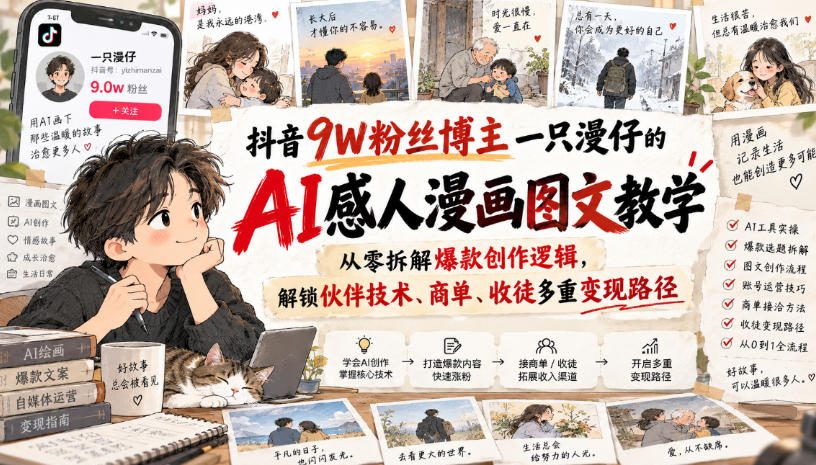 抖音9W粉丝博主一只漫仔的AI感人漫画图文教学,从零拆解爆款创作逻辑,解锁伙伴技术、商单、收徒多重变现路径-驿想项目网