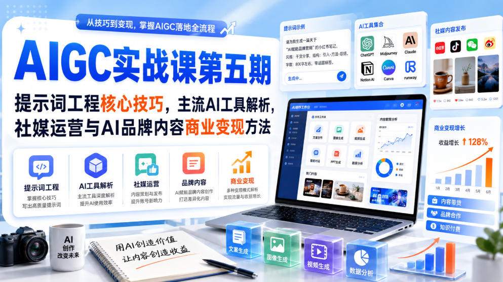 刺猬星球·AIGC实战课第五期，提示词工程核心技巧，主流AI工具解析，社媒运营与AI品牌内容商业变现方法-驿想项目网