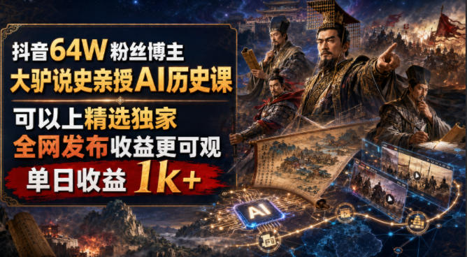 抖音64W粉丝博主大驴说史亲授AI历史课,可以上精选独家,全网发布收益更可观,单日收益1k+-驿想项目网