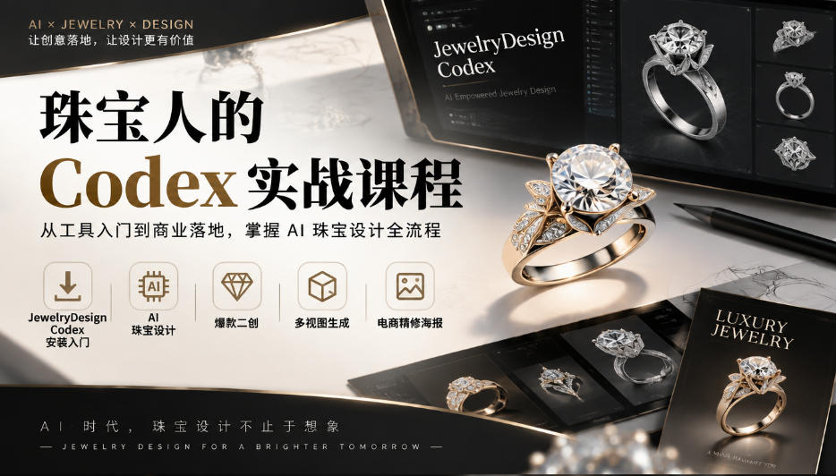珠宝人的Codex实战课程｜JewelryDesign Codex安装入门、AI珠宝设计、爆款二创、多视图生成、电商精修海报全链路教学-驿想项目网