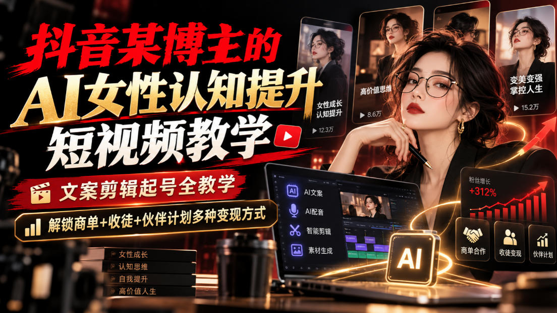 抖音某博主的Ai女性认知提升短视频教学，文案剪辑起号全教学，解锁商单+收徒+伙伴计划多种变现方式-驿想项目网