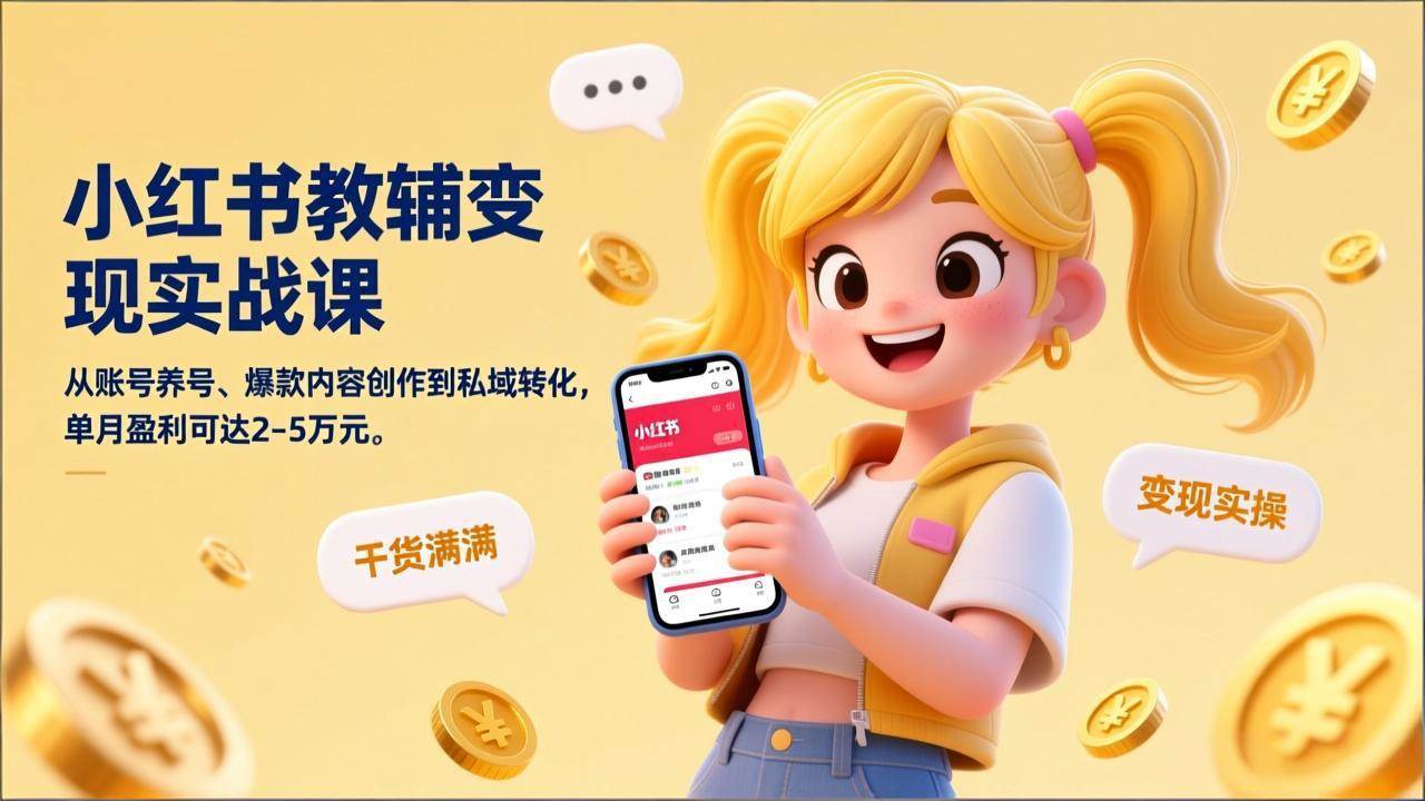 （17334期）小红书教辅变现实战课，从账号养号、爆款内容创作到私域转化，单月盈利可达2-5万元-驿想项目网