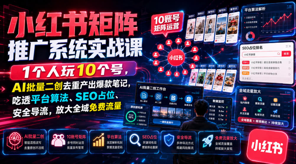 小红书矩阵推广系统实战课｜1个人玩10个号，AI批量二创去重产出爆款笔记，吃透平台算法、SEO占位、安全导流，放大全域免费流量-驿想项目网