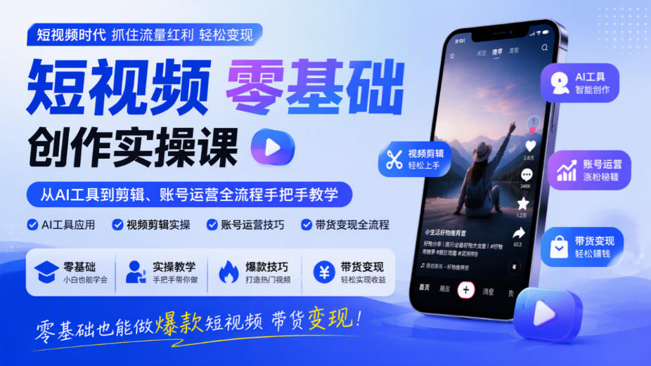 短视频零基础创作实操课，从AI工具到剪辑、账号运营全流程手把手教学，零基础也能做爆款短视频带货变现-驿想项目网
