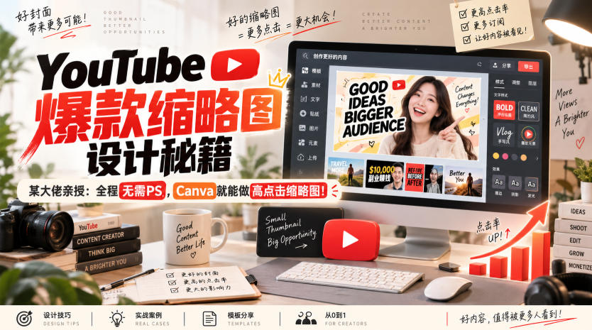 YouTube爆款缩略图设计秘籍,某油管大佬(610万订阅者)亲授,全程无需PS,Canva就能做高点击缩略图!【原创双语字幕】-驿想项目网