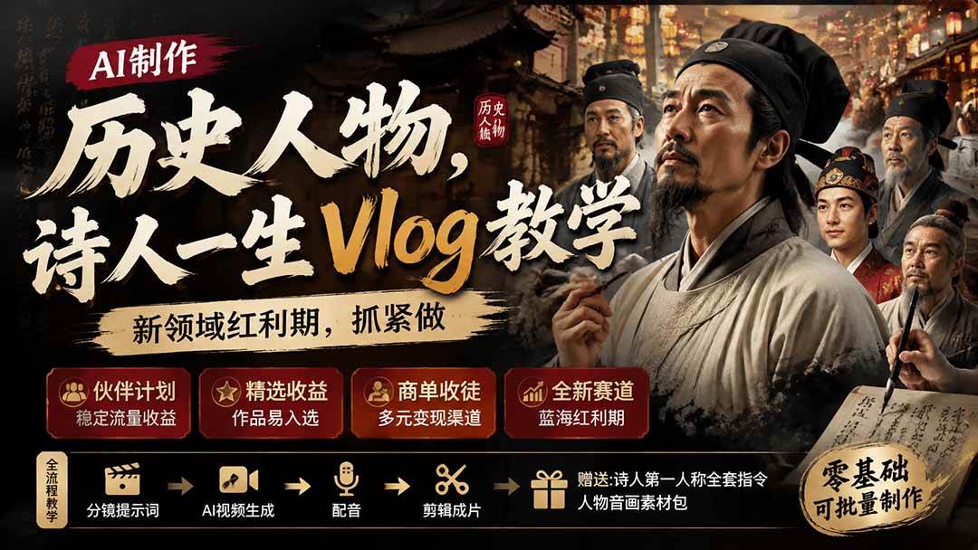 （19758期）历史人物，诗人一生Vlog教学， AI制作丨伙伴计划丨精选收益丨商单收徒 ，新领域红利期，抓紧做-驿想项目网