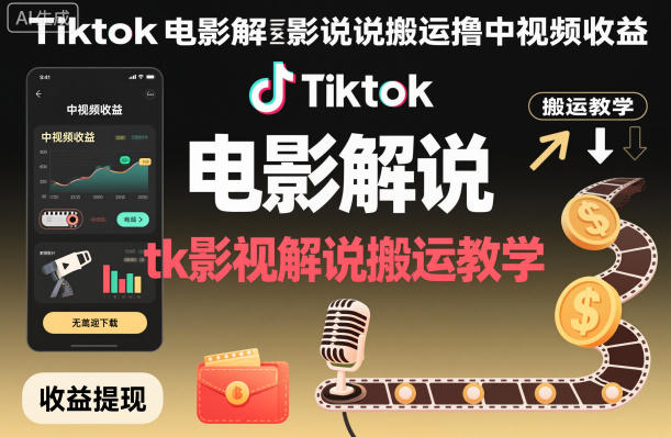 Tiktok电影解说搬运撸中视频收益，tk影视解说搬运教学-驿想项目网
