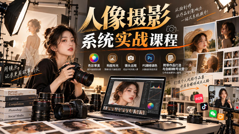 【无水印】人像摄影系统实战课程,色彩审美、构图布光、镜头运用、PS精修调色,附带作品打造与自媒体账号运营 【无水印】人像摄影系统实战课程,色彩审美、构图布光、镜头运用、PS精修调色,附带作品打造与自媒体账号运营