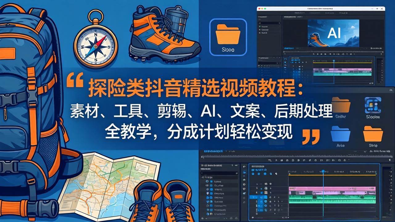 (17994期)探险类抖音精选视频教程:素材、工具、剪辑、AI、文案、后期处理全教学,分成计划轻松变现-驿想项目网