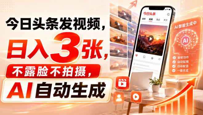 今日头条发视频，日入3张，不露脸不拍摄，AI自动生成-驿想项目网