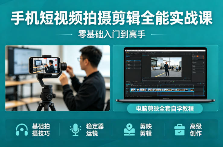 手机短视频拍摄剪辑全能实战课：零基础入门到高手，稳定器运镜+电脑剪映全套自学教程-驿想项目网