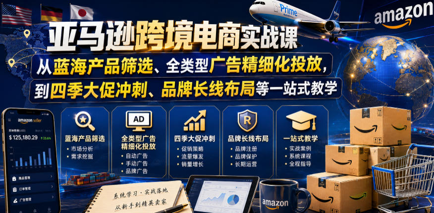 亚马逊跨境电商实战课，从蓝海产品筛选、全类型广告精细化投放，到四季大促冲刺、品牌长线布局等一站式教学（更新0926）-驿想项目网