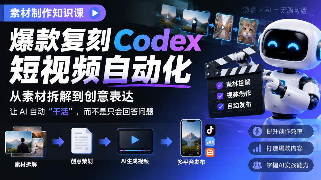 素材制作知识课，爆款复刻Codex短视频自动化，从素材拆解到创意表达，让AI自动“干活”，而不是只会回答问题-驿想项目网