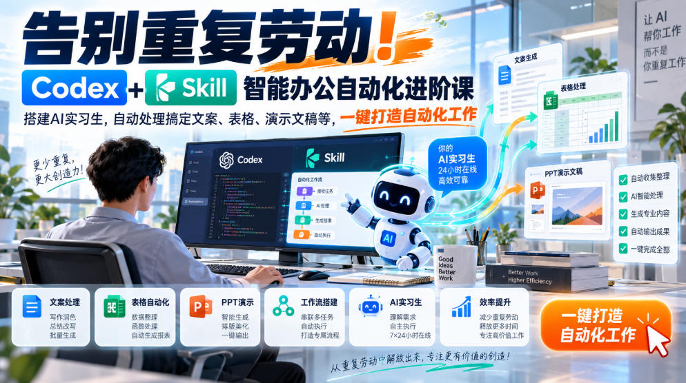 告别重复劳动！Codex+Skill智能办公自动化进阶课｜搭建AI实习生，自动处理搞定文案、表格、演示文稿等，一键打造自动化工作-驿想项目网
