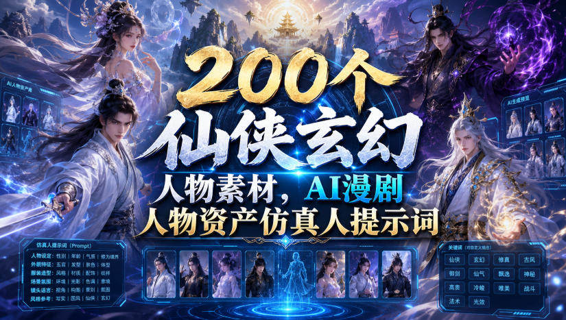 200个仙侠玄幻人物素材,AI漫剧人物资产仿真人提示词-驿想项目网