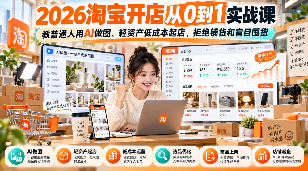 2026淘宝开店从0到1实战课，教普通人用AI做图、轻资产低成本起店，拒绝铺货和盲目囤货-驿想项目网