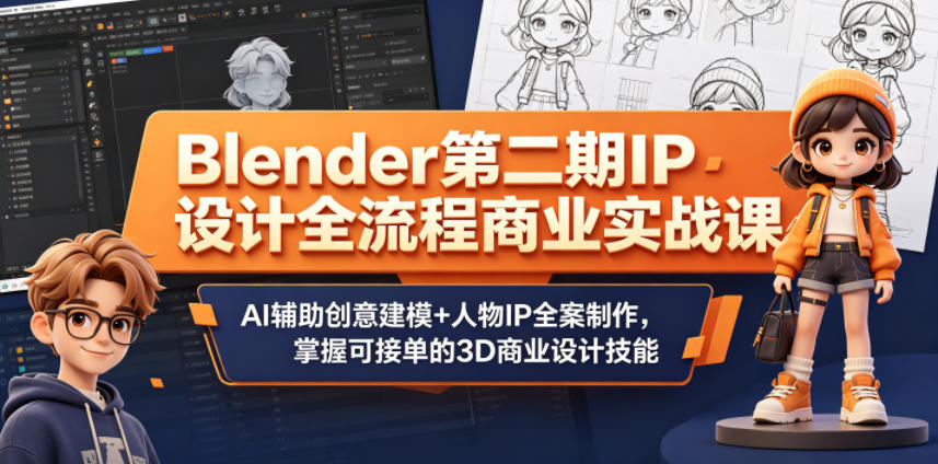Blender第二期IP设计全流程商业实战课，AI辅助创意建模+人物IP全案制作，掌握可接单的3D商业设计技能-驿想项目网