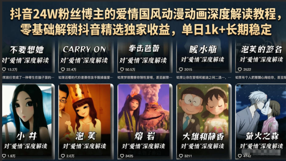 抖音24W粉丝博主的爱情国风动漫动画深度解读教程,零基础解锁抖音精选独家收益,单日1k+长期稳定-驿想项目网