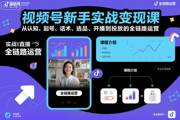 视频号新手实战变现课，从认知、起号、话术、选品、开播到投放的全链路运营-驿想项目网
