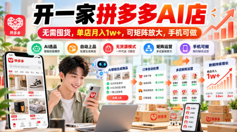 开一家拼多多AI店，无需囤货，单店月入1w+，可矩阵放大，手机可做【揭秘】-驿想项目网