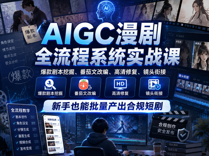 AIGC漫剧全流程系统实战课,爆款剧本挖掘、番茄文改编、高清修复、镜头衔接,新手也能批量产出合规短剧-驿想项目网