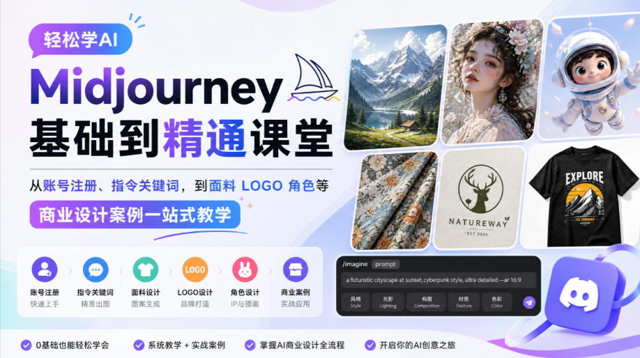 轻松学AI Midjourney基础到精通课堂,从账号注册、指令关键词,到面料LOGO角色等商业设计案例一站式教学-驿想项目网
