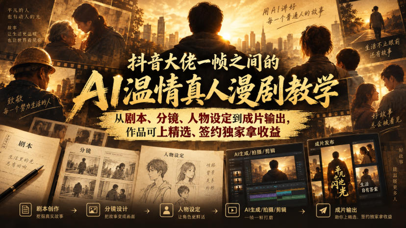 抖音大佬一帧之间的AI温情真人漫剧教学，从剧本、分镜、人物设定到成片输出，作品可上精选、签约独家拿收益-驿想项目网