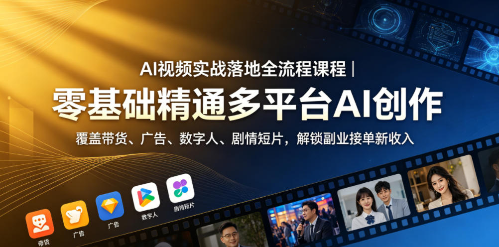 AI视频实战落地全流程课程｜零基础精通多平台AI创作，覆盖带货、广告、数字人、剧情短片，解锁副业接单新收入-驿想项目网