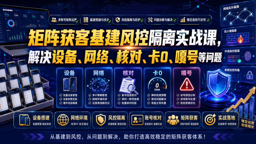 矩阵获客基建风控隔离实战课，解决设备、网络、核对、卡0、嘎号等问题-驿想项目网