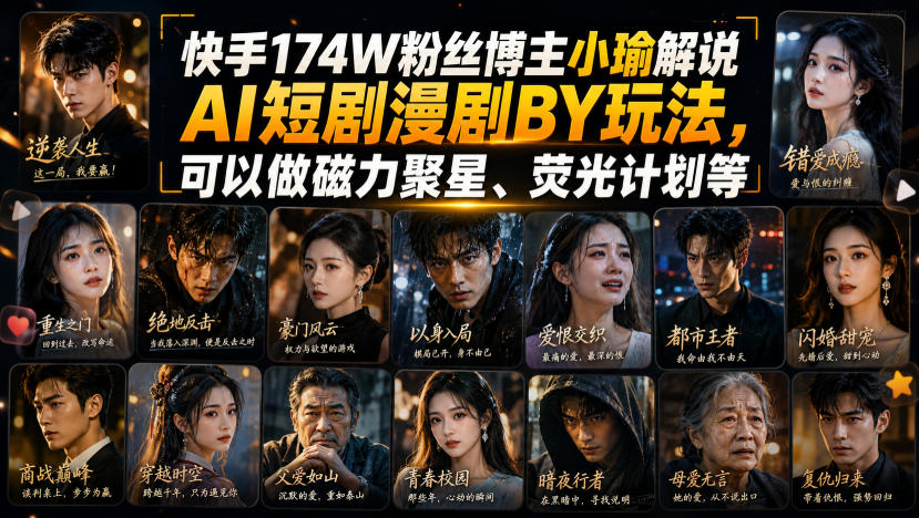 快手174W粉丝博主小瑜解说AI短剧漫剧搬运玩法，可以做磁力聚星、荧光计划等-驿想项目网