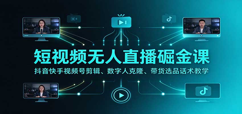 短视频无人直播掘金课:抖音快手视频号剪辑、数字人克隆、带货选品话术教学 短视频无人直播掘金课:抖音快手视频号剪辑、数字人克隆、带货选品话术教学