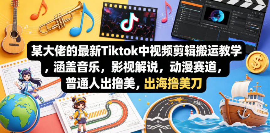某大佬的最新Tiktok中视频剪辑搬运教学，涵盖音乐，影视解说，动漫赛道，普通人出海撸美刀-驿想项目网