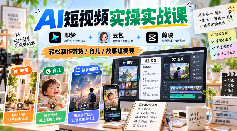 AI短视频实操实战课，即梦+豆包+剪映，轻松制作带货/育儿/故事短视频-驿想项目网