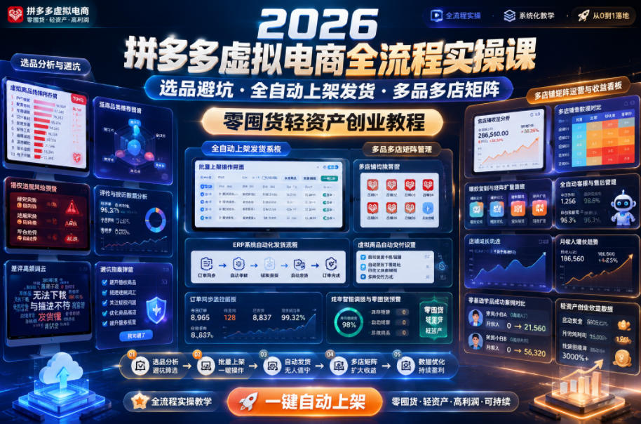 2026拼多多虚拟电商全流程实操课，选品避坑・全自动上架发货・多品多店矩阵，零囤货轻资产创业教程-驿想项目网