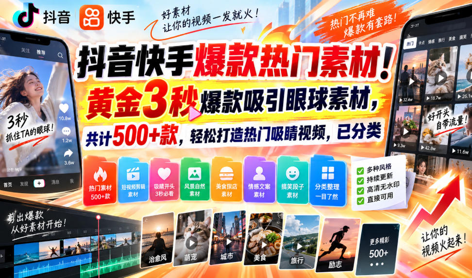 抖音快手爆款热门素材!黄金3秒爆款吸引眼球素材,共计500+款,轻松打造热门吸睛视频,已分类-驿想项目网
