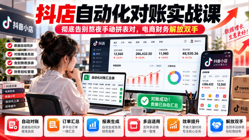 抖店自动化对账实战课，彻底告别熬夜手动拼表对，账电商财务解放双手-驿想项目网