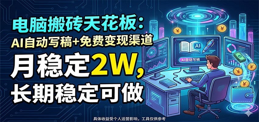电脑搬砖天花板：AI自动写稿+免费变现渠道，月稳定2W，长期稳定可做-驿想项目网