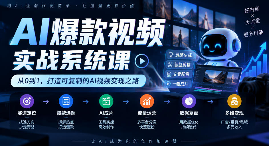AI爆款视频实战系统课｜赛道定位、爆款选题、AI成片、流量运营、数据复盘、多维变现全链路教学-驿想项目网
