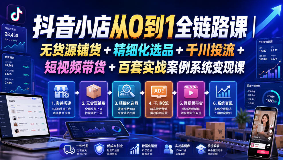 抖音小店从0到1全链路课|无货源铺货+精细化选品+千川投流+短视频带货+百套实战案例系统变现课(2026年7月更新)-驿想项目网