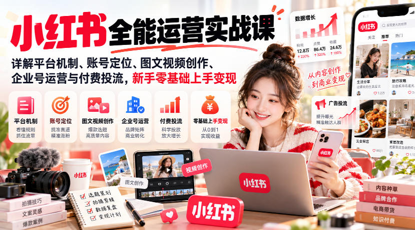 小红书全能运营实战课，详解平台机制、账号定位、图文视频创作、企业号运营与付费投流，新手零基础上手变现-驿想项目网