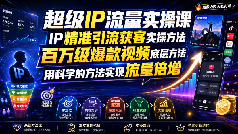 超级IP流量实操课，IP精准引流获客实操方法，百万级爆款视频底层方法，用科学的方法实现流量倍增-驿想项目网
