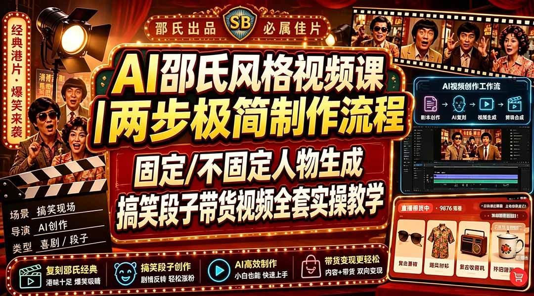 （19602期）AI邵氏风格视频课｜两步极简制作流程，固定/不固定人物生成，搞笑段子带货视频全套实操教学-驿想项目网
