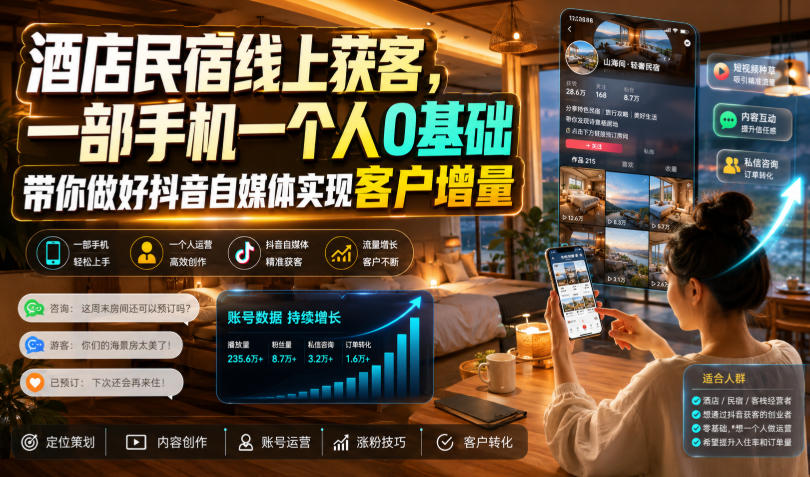 酒店民宿线上获客，一部手机一个人0基础带你做好抖音自媒体实现客户增量-驿想项目网