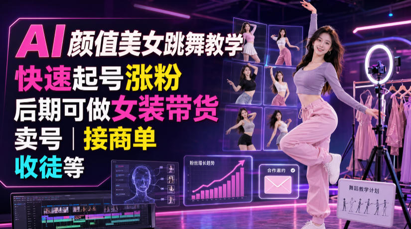 AI颜值美女跳舞教学，快速起号涨粉，后期可做女装带货，卖号，接商单，收徒等-驿想项目网